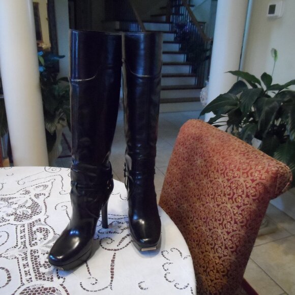 Gucci Black Leather Knee-High Platform Boots Size 39.5C - Picture 1 of 16